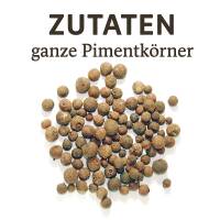 Quadratische Übersicht mit ganzen Pimentkörnern, beschriftet auf Deutsch, freigestellt auf reinweißem Hintergrund.