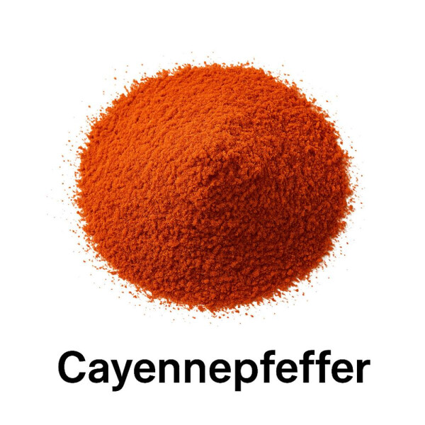 Einzelne Portion Cayennepfefferpulver auf weißem Untergrund, beschriftet mit dem Wort Cayennepfeffer in schwarzer Schrift.