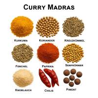 Curry Madras mit Zutaten wie Kurkuma, Kreuzkümmel, Koriander, Senfkörner, Chili, auf weißem Hintergrund mit Text