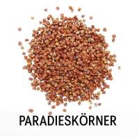 Paradieskörner lose auf weißem Hintergrund mit Beschriftung – zeigt die einzige Zutat des Produkts in reiner Form, ohne Zusätze
