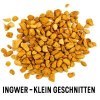 Nachfüllpackung mit 140g getrocknetem, geschnittenem Ingwer im wiederverschließbaren Beutel