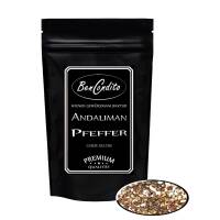 Wiederverschließbarer Nachfüllbeutel mit Andaliman Pfeffer, blickdicht ohne Sichtfenster, beschriftet und auf neutralem Weißhintergrund dargestellt.