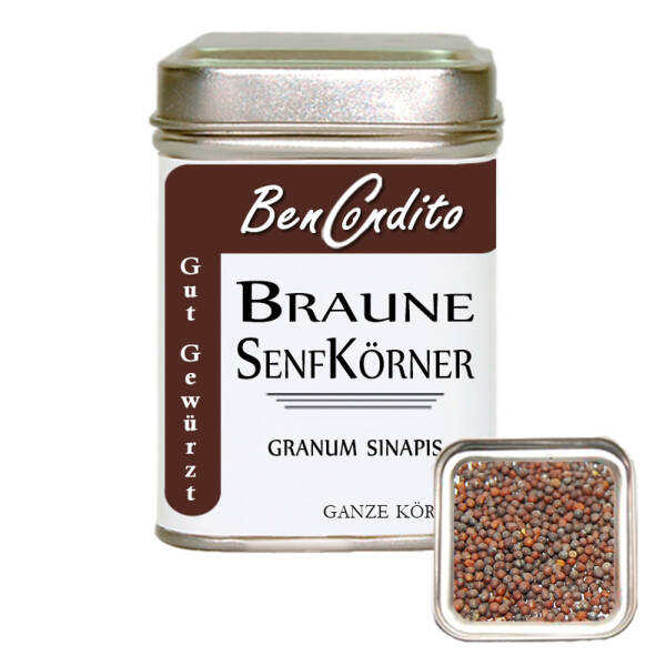 Nahaufnahme brauner Senfkörner in einer Schale.