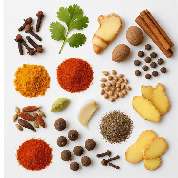 Arrangement der einzelnen Zutaten von Tandoori Masala auf weißem Hintergrund.