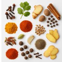 Arrangement der einzelnen Zutaten von Tandoori Masala auf weißem Hintergrund.