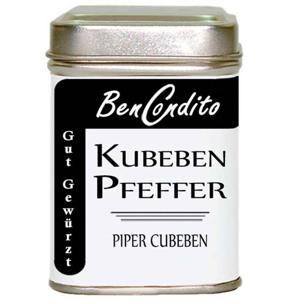 Kubebenpfeffer in einer Dose – fruchtiges, aromatisches Gewürz für die feine Küche, in wiederverschließbarer Verpackung.
