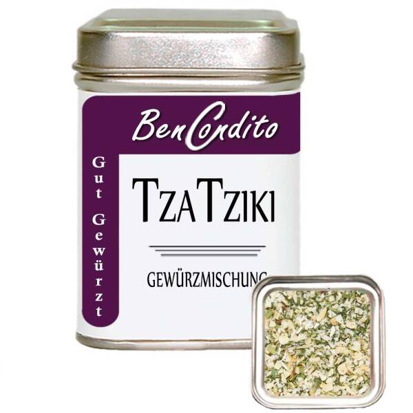 Tzatziki Gewürz in einer wiederverschließbaren Metalldose mit transparentem Deckel und Etikett, aufgenommen vor neutralem weißen Hintergrund.