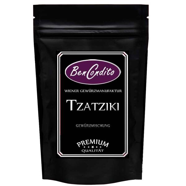 Tzatziki Gewürz im wiederverschließbaren Beutel ohne Sichtfenster, aus festem Material, mit Etikett, vor reinweißem Hintergrund dargestellt.
