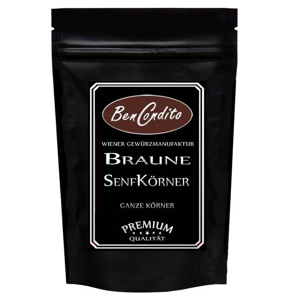 Nahaufnahme brauner Senfkörner in einer Schale.