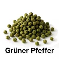 Ein Haufen grüner Pfefferkörner auf weißem Untergrund, mit der Beschriftung Grüner Pfeffer in schwarzer Schrift darunter