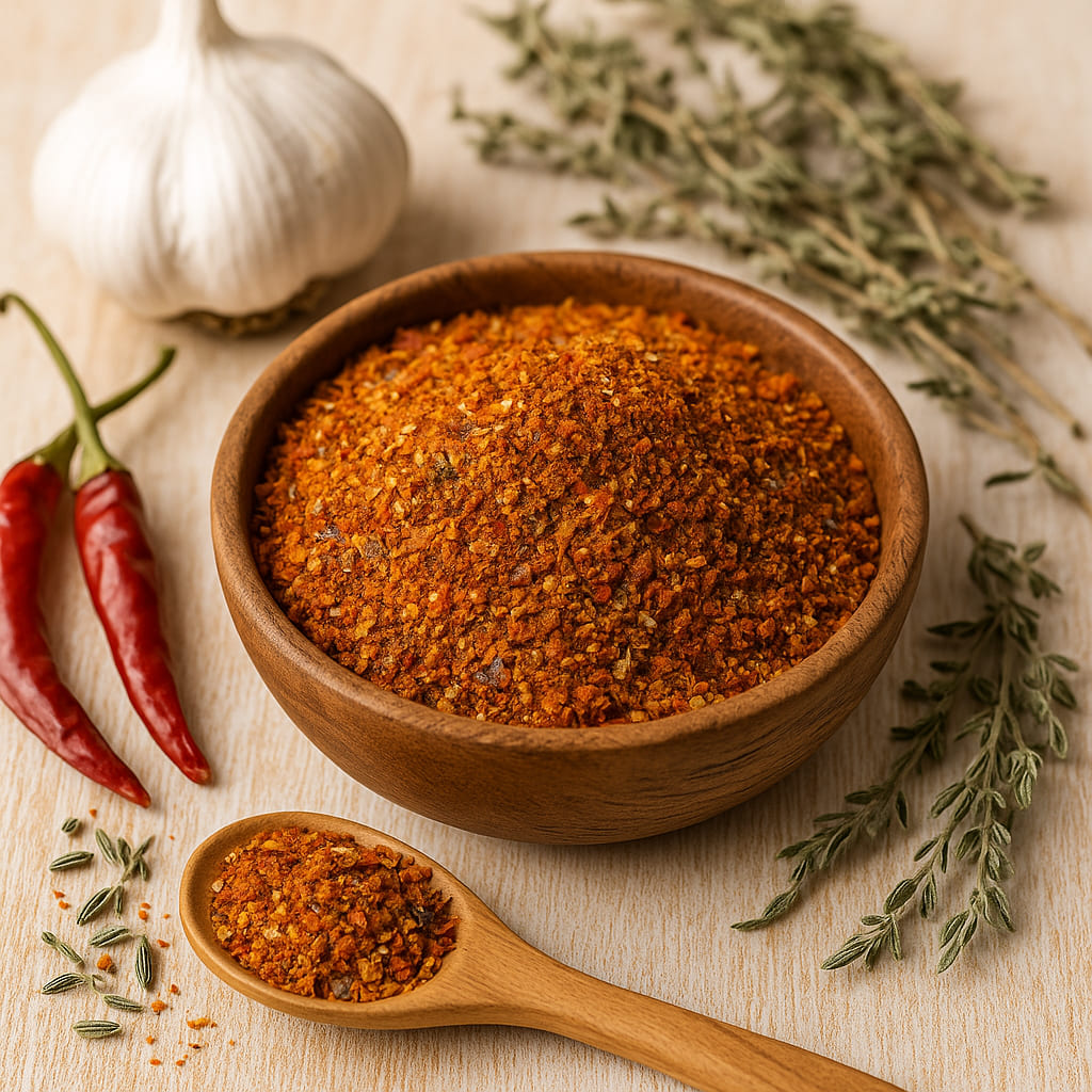 african-rub African Rub Gewürzmischung in einer Holzschale mit Chili und Kräutern