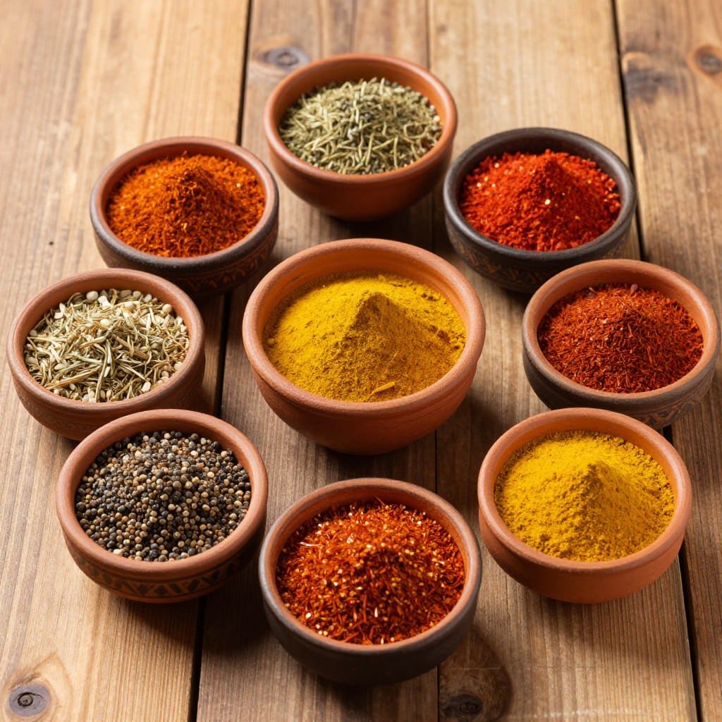 afrikanische-gewuerze-arrangement Typische afrikanische Gewürze in kleinen Schalen arrangiert