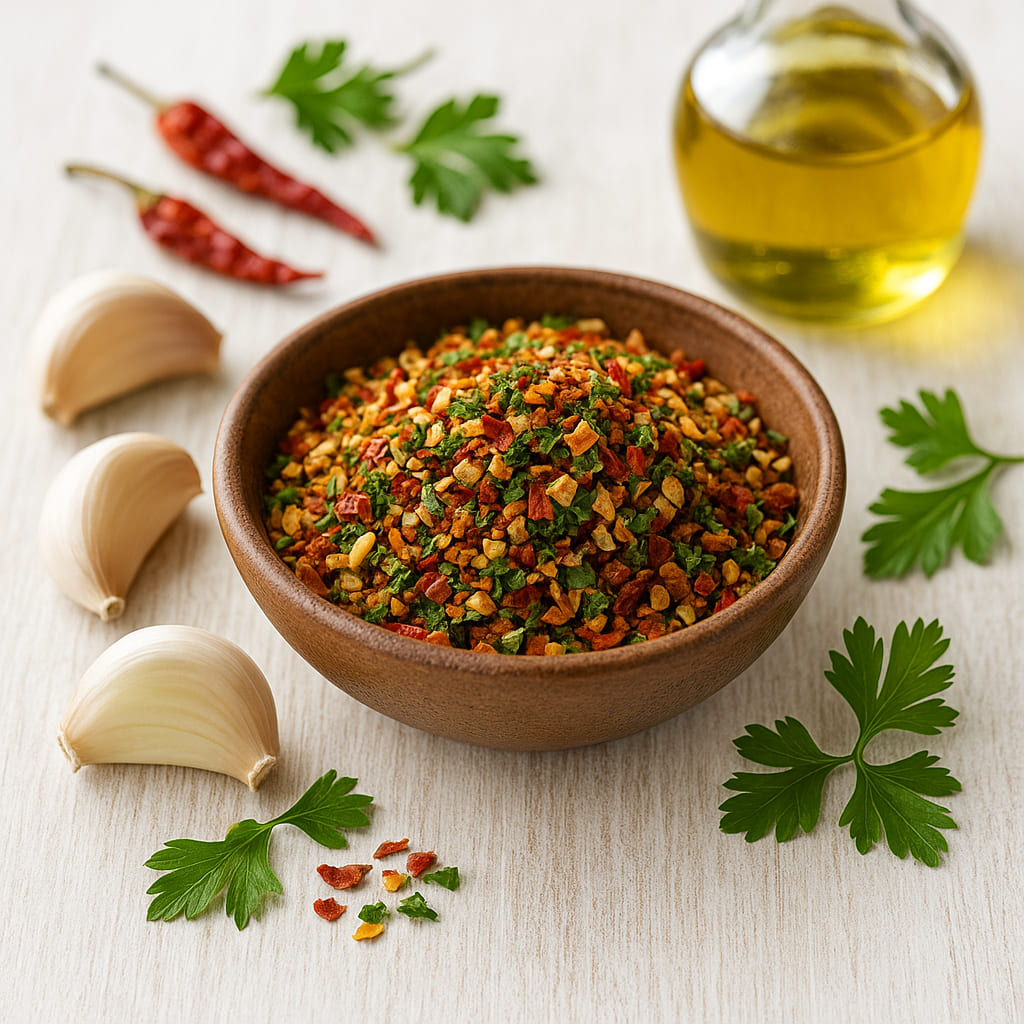 aglio-e-olio-gewuerz Aglio e Olio Gewürzmischung in einer Schale mit Knoblauch und Chili