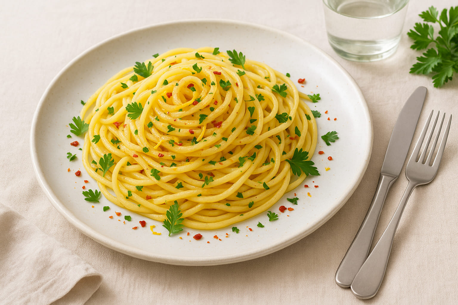 aglio-e-olio-trend Moderne Aglio e Olio Pasta mit Chili und Kräutern