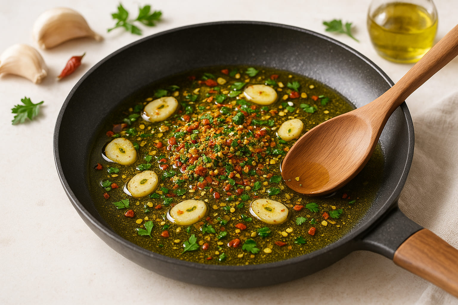 aglio-e-olio-zubereitung Aglio e Olio Gewürz in Olivenöl in einer Pfanne