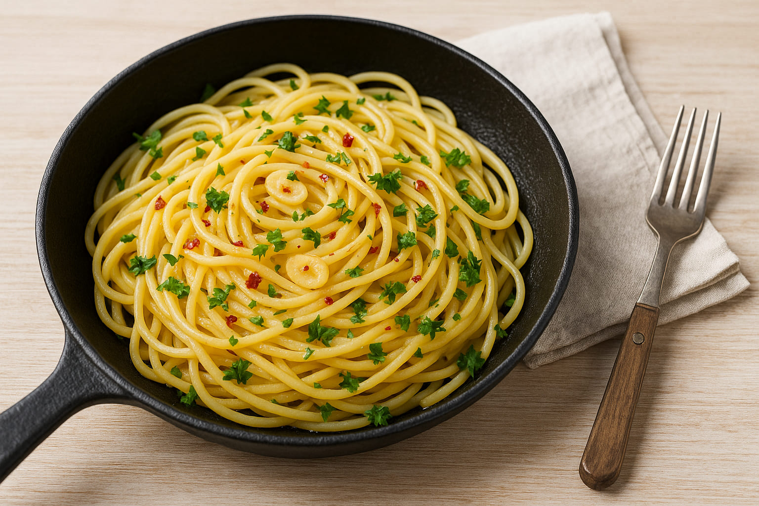 aglio-olio-serviert.jpg Serviervorschlag Spaghetti Aglio e Olio mit frischer Petersilie und Olivenöl