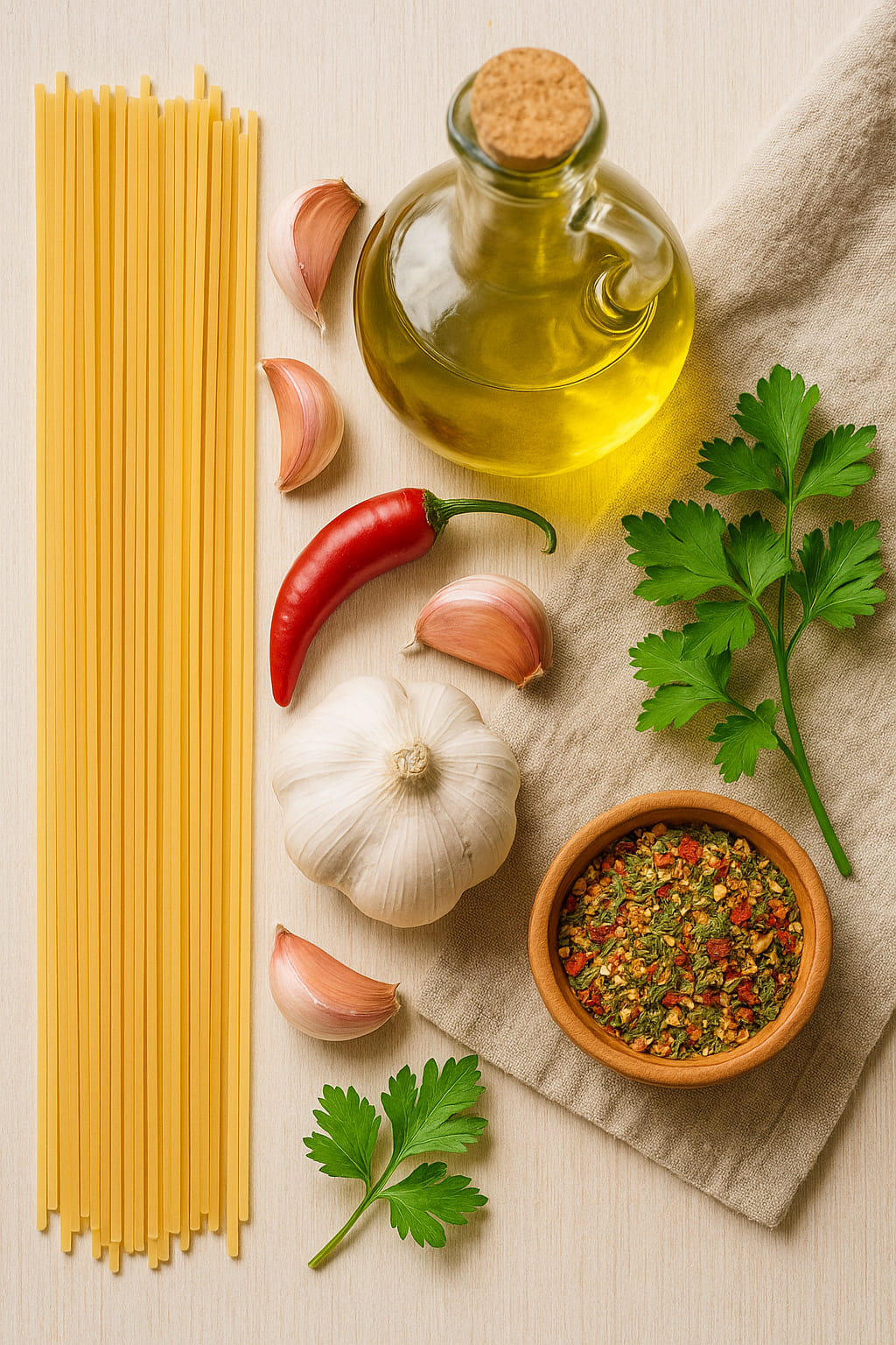 aglio-olio-zutaten.jpg Zutaten für Spaghetti Aglio e Olio: Pasta, Knoblauch, Chili, Olivenöl und Gewürze