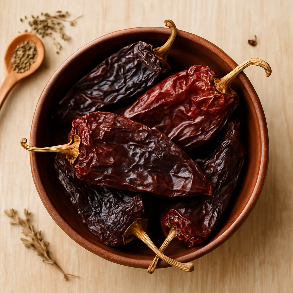 Getrocknete Ancho Chilies in einer Schale
