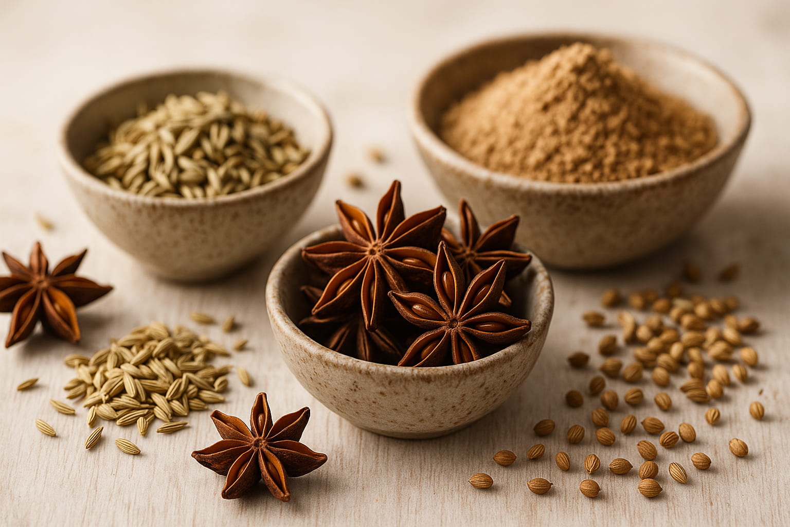 Anis, Fenchelsaat und gemahlener Koriander ästhetisch in Schälchen angerichtet.