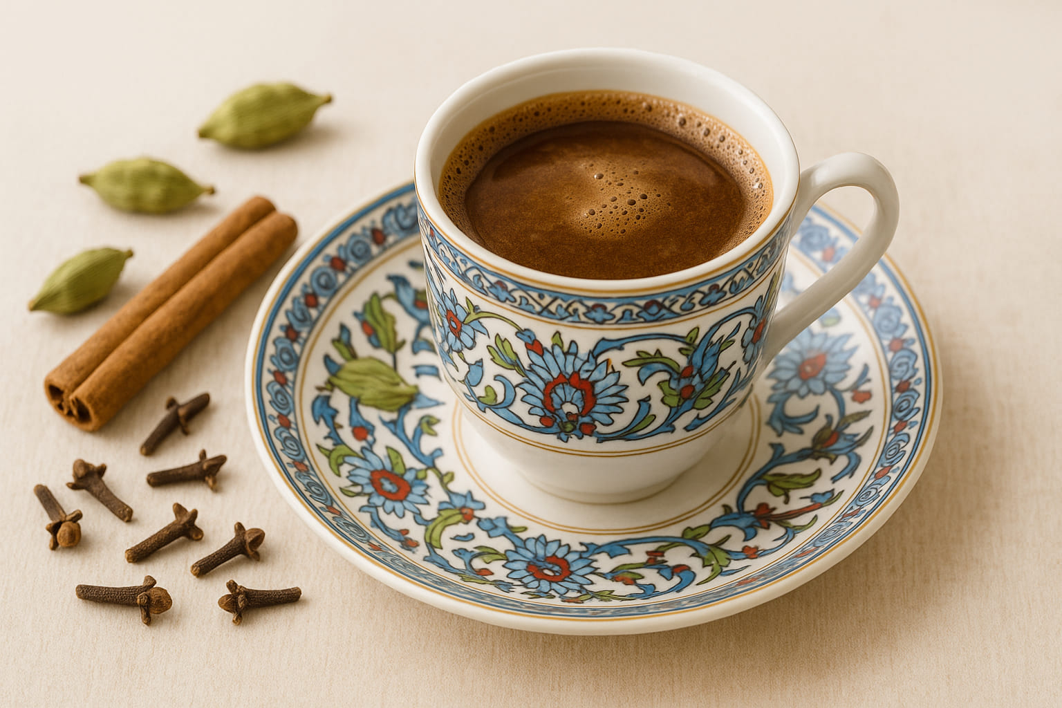 Arabischer Kaffee in feiner Tasse mit Gewürzen