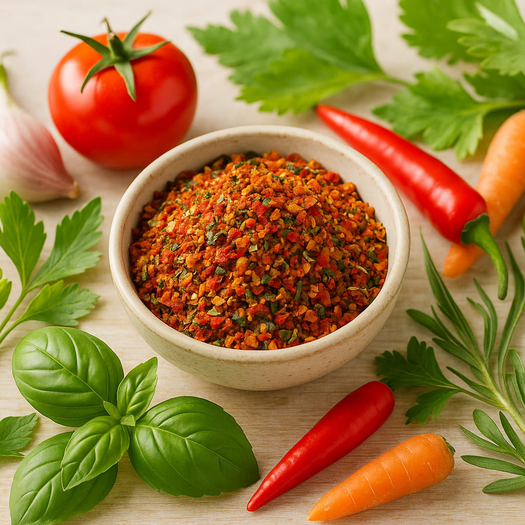 Arrabiata Gewürz in einer Schale mit frischen Zutaten