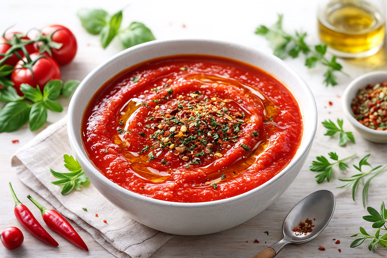 Tomatensauce mit Arrabiata Gewürz und Olivenöl
