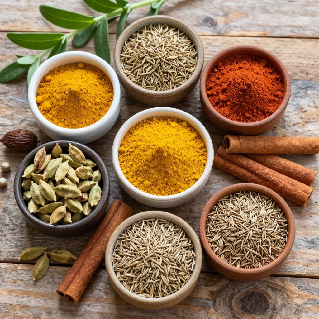 Ayurveda Gewürze Grundausstattung mit verschiedenen bunten Gewürzen in kleinen Schalen