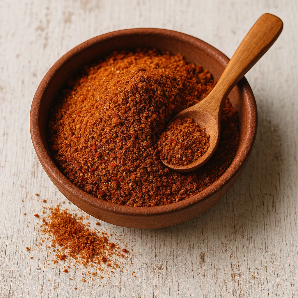 Nahaufnahme einer Gewürzmischung mit orientalischem Flair: Baharat in einer Keramikschale, umgeben von Zutaten wie Zimtstangen, Pfeffer, Kardamom und Nelken