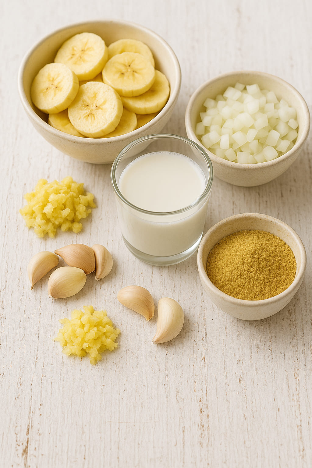 Eine Auswahl von Zutaten für ein Bananen-Curry auf einem Holztisch, darunter Bananen, Kokosmilch und Gewürze.