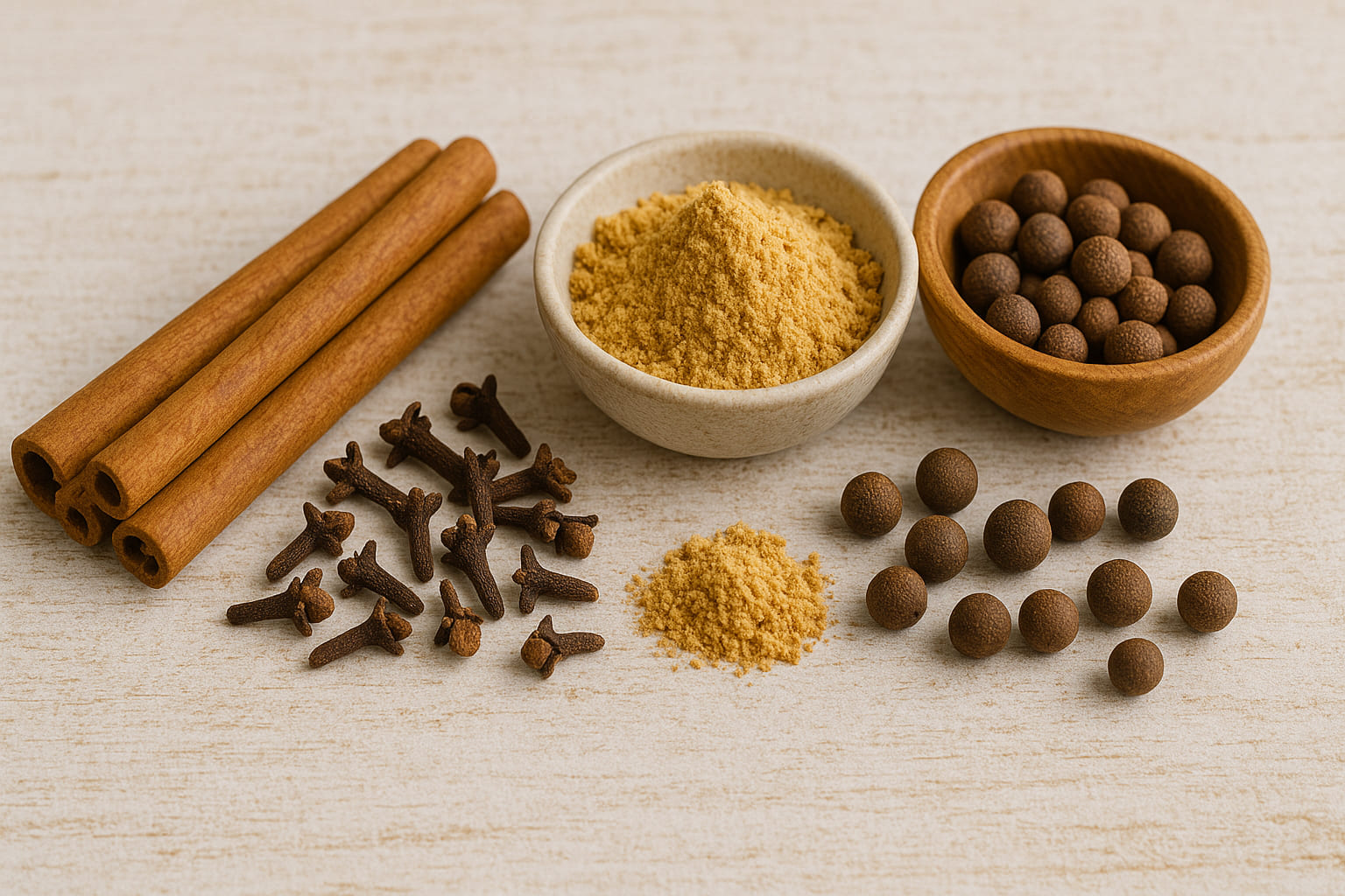 Hauptgewürze wie Zimt, Nelken, Ingwer und Piment nebeneinander angerichtet auf hellem Holz.