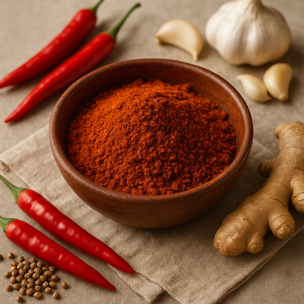 berbere-gewuerz Berbere Gewürzmischung in einer rustikalen Tonschale mit Chili und Gewürzen