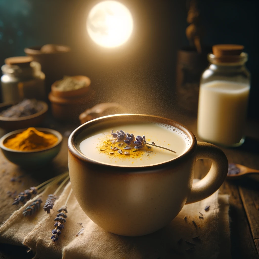 Moon Milk in einem Becher mit Lavendel garniert unter Mondlicht