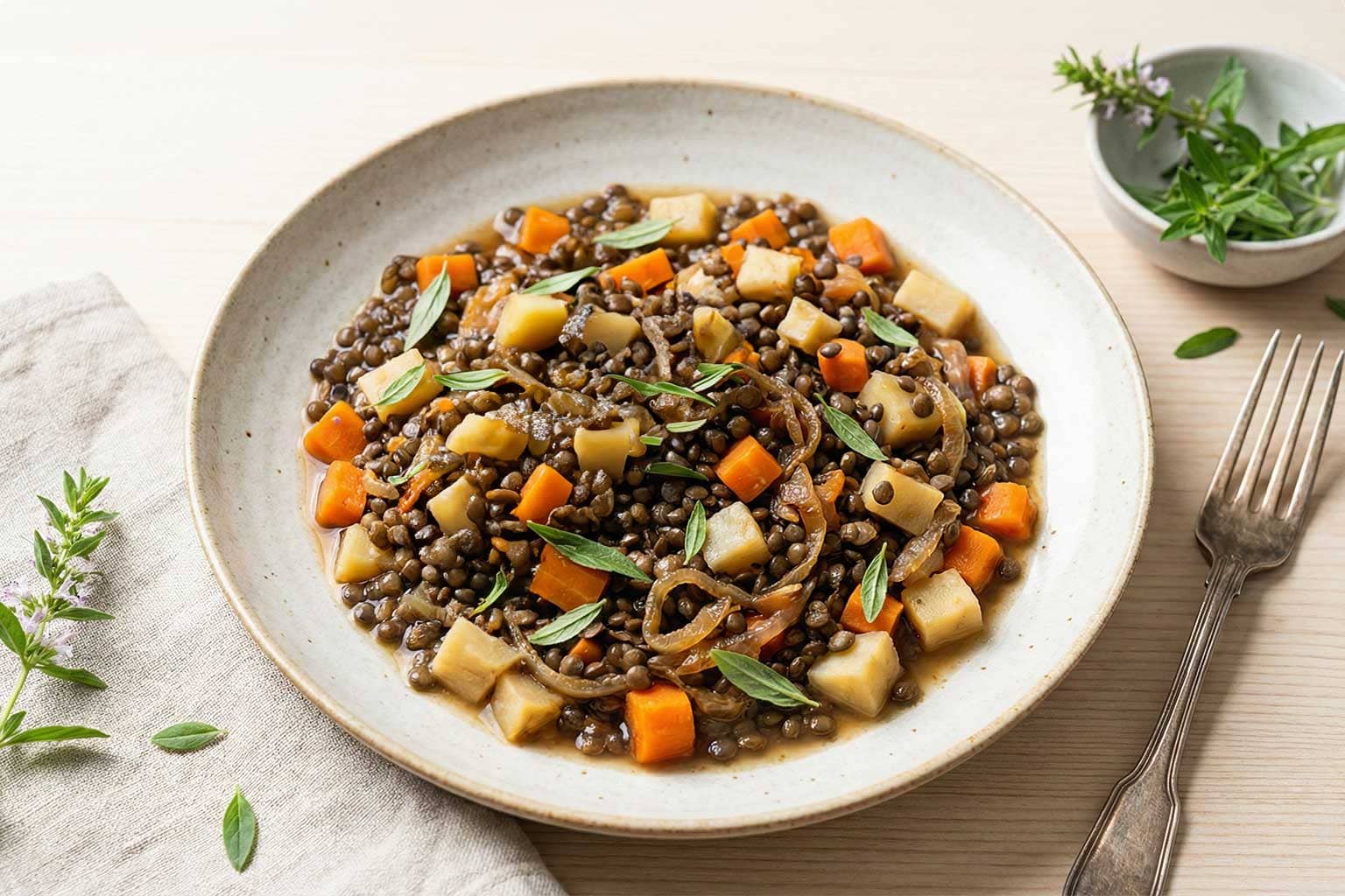 Ein Teller mit Linsen und Gemüse, verfeinert mit Bohnenkraut