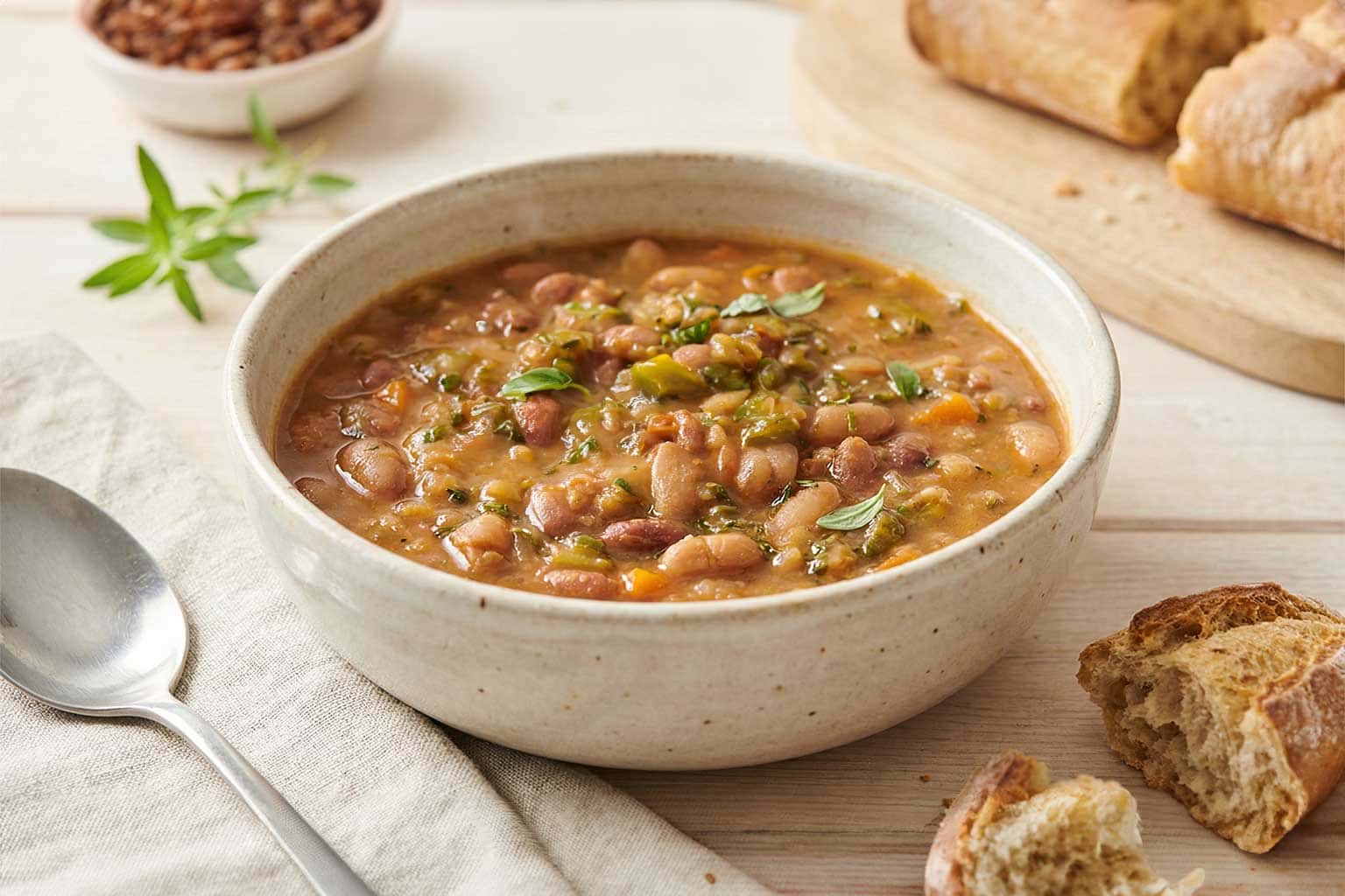 bohnenkraut-eintopf Rustikaler Bohneneintopf in einer Schale, garniert mit frischem Bohnenkraut