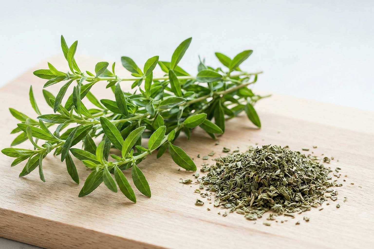 Frisches und getrocknetes Bohnenkraut nebeneinander auf einem Holzbrett