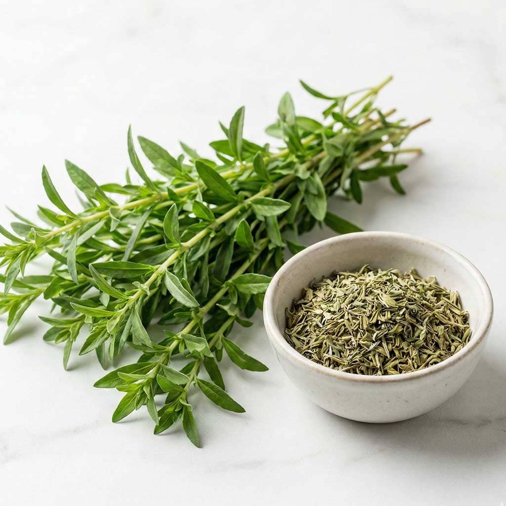 Frisch geerntetes Bohnenkraut neben einer Schale mit getrocknetem Bohnenkraut