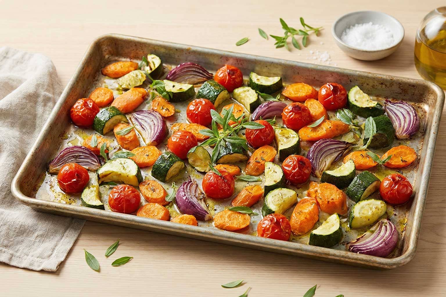 Mediterranes Ofengemüse mit Bohnenkraut auf einem Blech