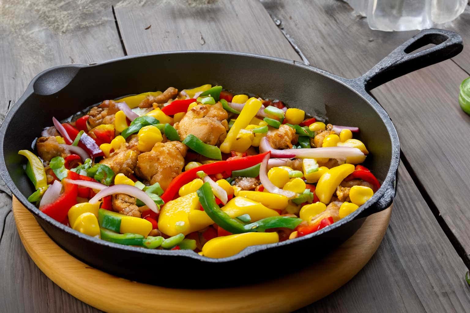 cajun-chicken Cajun Chicken Pfanne mit Paprika, Mais und Zwiebeln