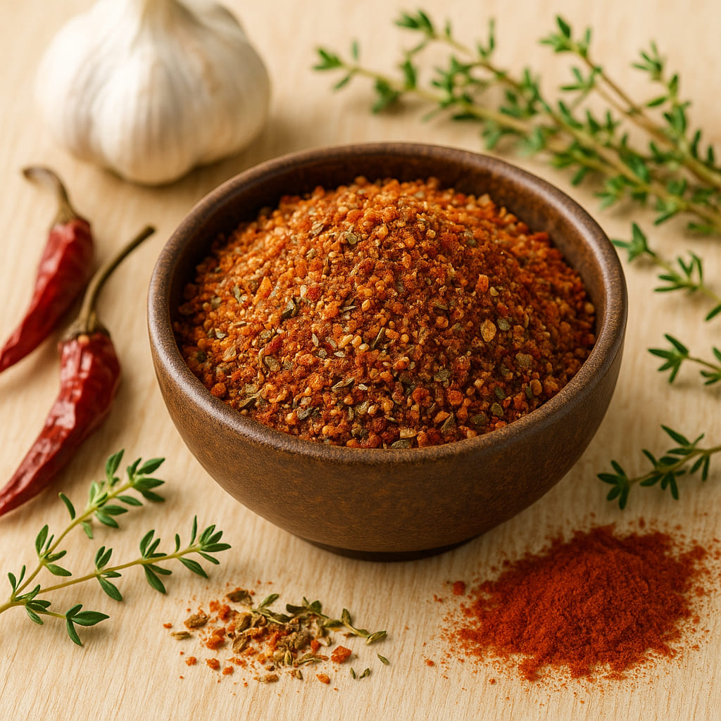 cajun-gewuerzmischung Cajun Gewürzmischung in einer rustikalen Schale, umgeben von Kräutern und Chilischoten