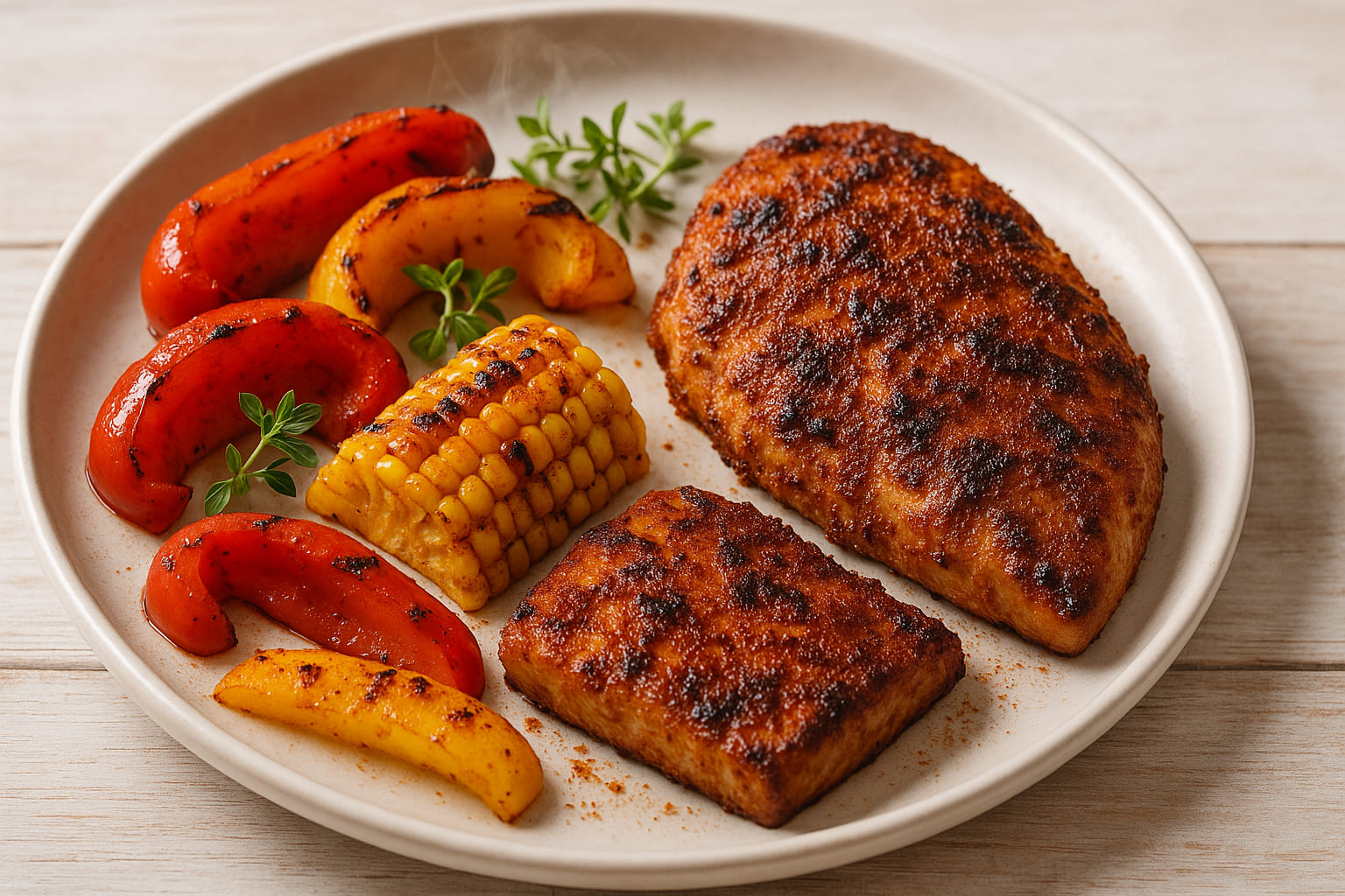 cajun-kombinationen Cajun Gewürz auf Grillgemüse und Fleisch serviert