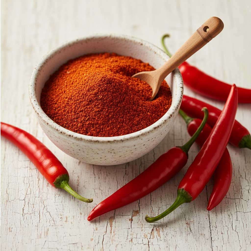 cayennepfeffer-intro Leuchtend rotes Cayennepulver in einer kleinen Schale mit frischen Chilischoten daneben