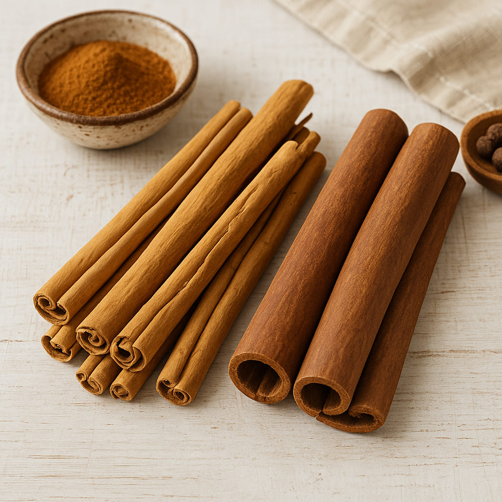 ceylon-vs-cassia-zimt Ceylon- und Cassia-Zimtstangen nebeneinander auf hellem Untergrund