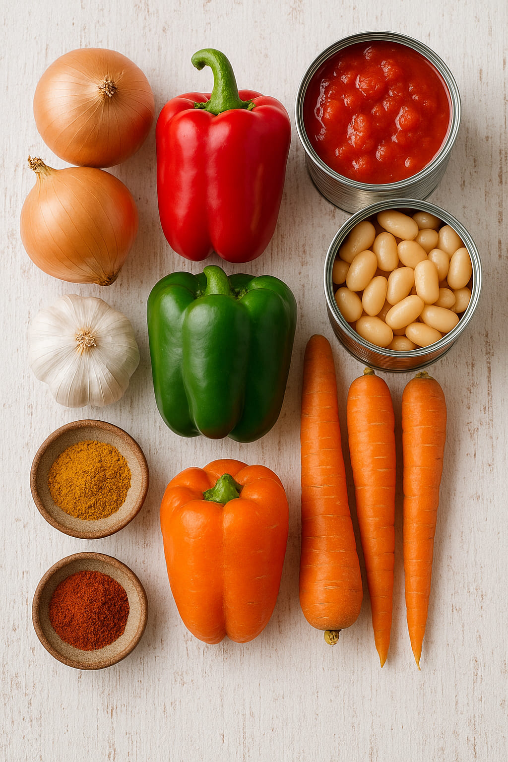 Zutaten für Chakalaka Eintopf Zutaten für Chakalaka: Paprika, Karotten, Bohnen, Zwiebeln