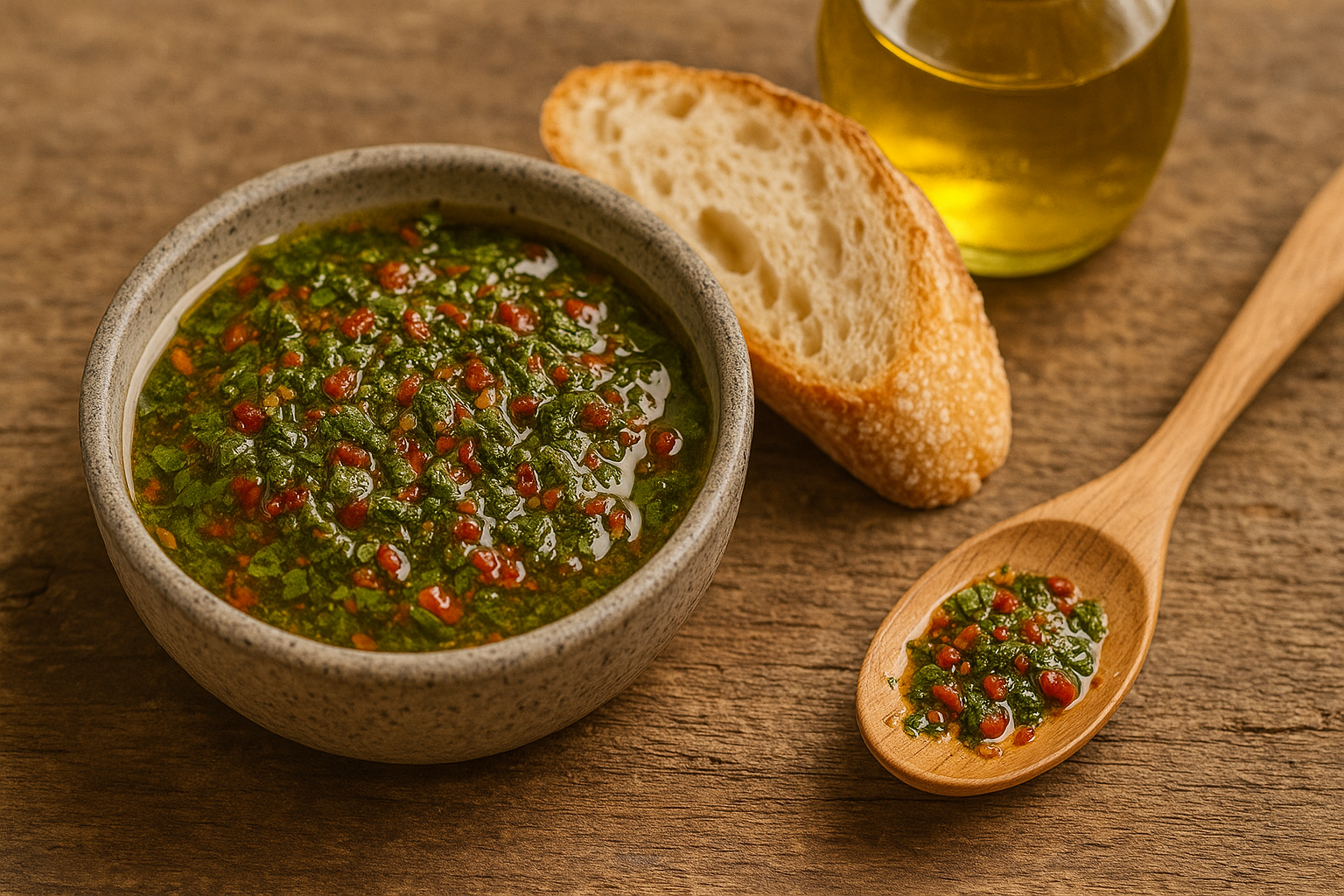 chimichurri-angeruehrt Chimichurri-Gewürzmischung angerührt mit Öl in einer Schale, daneben Brot und Olivenöl