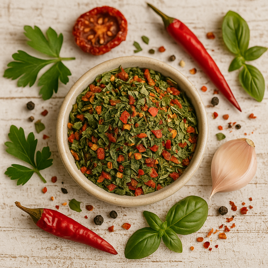 chimichurri-gewuerz-mischung Aromatische Chimichurri-Gewürzmischung auf weißem Holz angerichtet mit Kräutern, Paprika und Chiliflocken