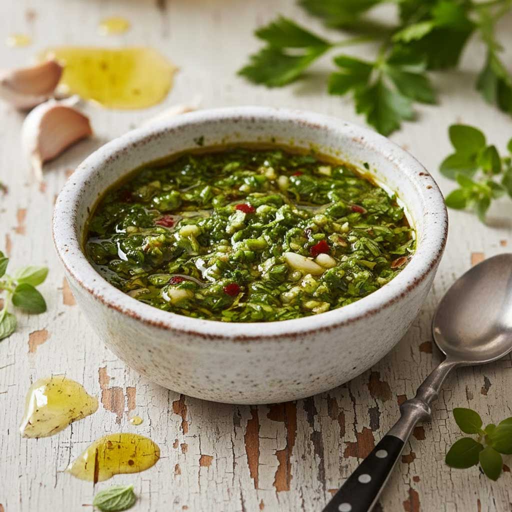 chimichurri-schale Frische argentinische Chimichurri-Soße in einer kleinen Schale mit Holzlöffel