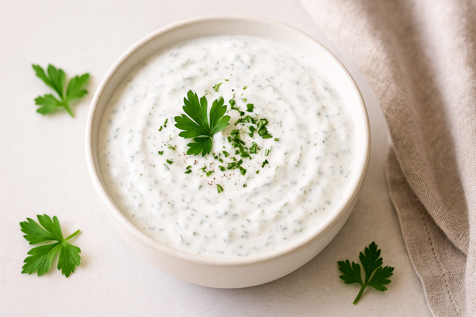 chimichurri-weiss Weiße Chimichurri-Creme in Schale mit Kräutern