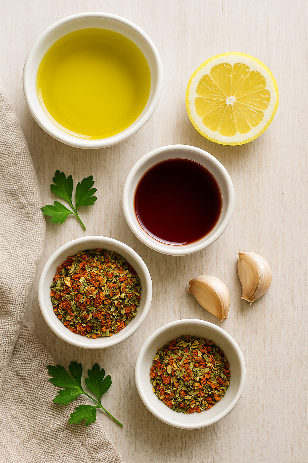 chimichurri-zutaten Zutaten für argentinische Chimichurri-Soße auf hellem Holz