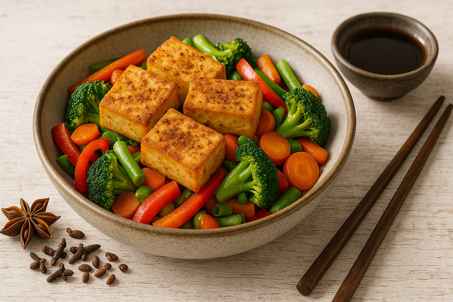 chinesisches-fuenf-gewuerz-anwendung Fünf Gewürz auf Tofu und Gemüse angerichtet in Schale mit Essstäbchen