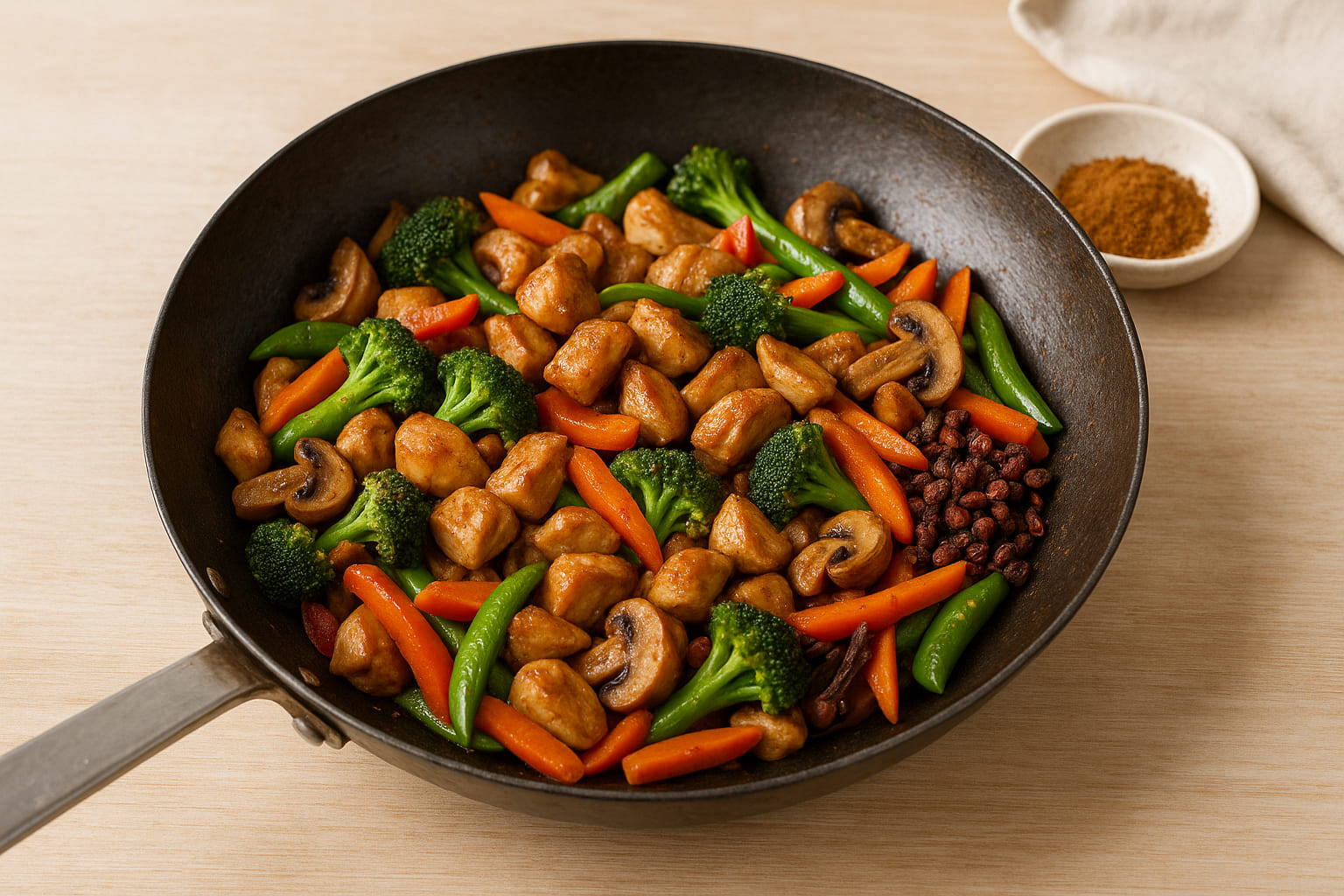 chinesisches-fuenf-gewuerz-wokgericht Wokgericht mit Gemüse, Fleisch und chinesischem Fünf-Gewürz